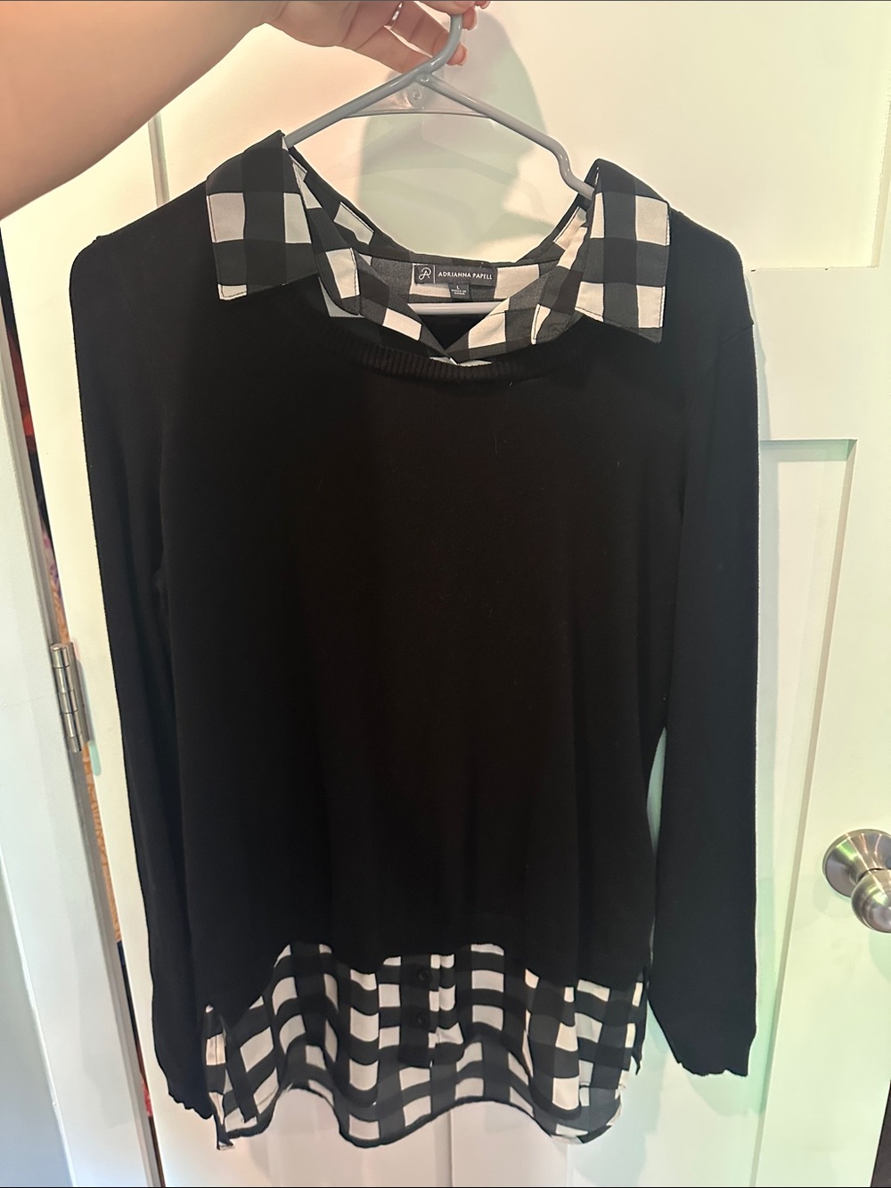 Adrianna Papell Black Knit Top with Black & White Gingham Trim